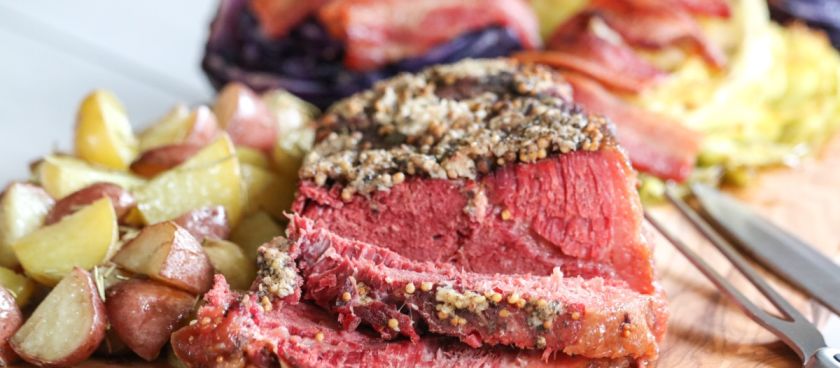 Crusted Corned Beef with Roasted Cabbage, Bacon and Stout Reduction